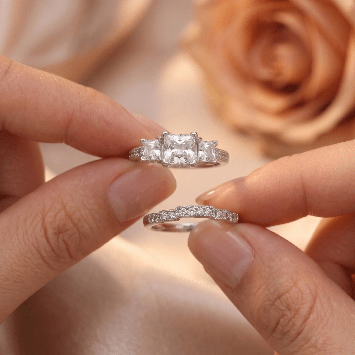 Elegant Three - Stone Princess Cut Zirconia Sterling Silver Ring Set - Silvorn India