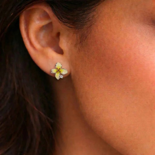 Elegant Yellow Enamel Floral Stud Earrings with Crystal Accent - 925 Silver Jewelery