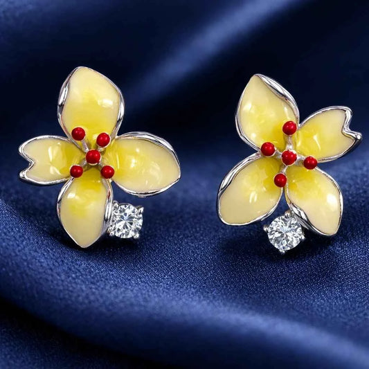 Elegant Yellow Enamel Floral Stud Earrings with Crystal Accent - 925 Silver Jewelery