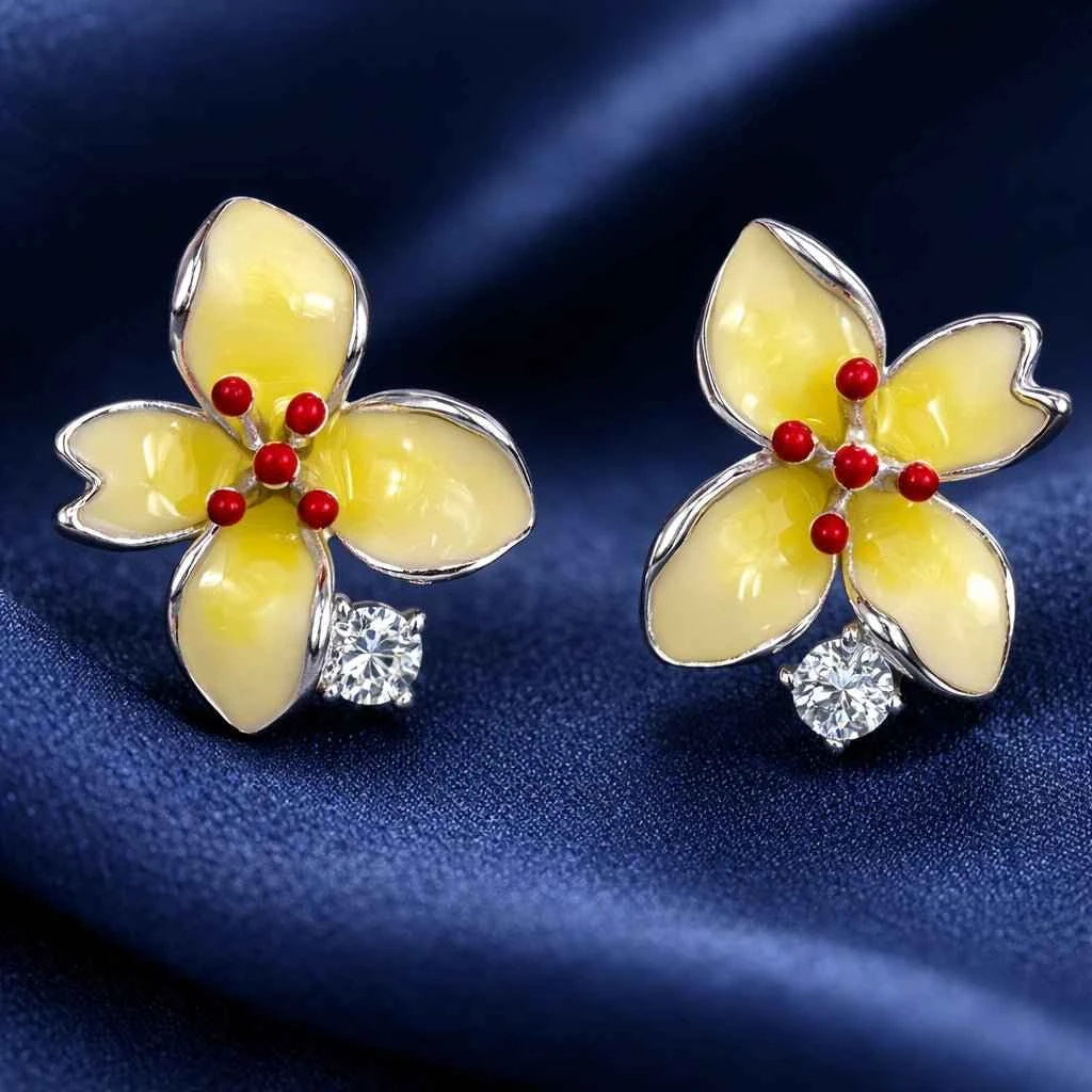 Elegant Yellow Enamel Floral Stud Earrings with Crystal Accent