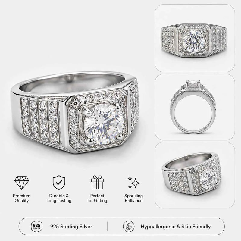 Sterling silver pavé ring with princess-cut center stone and geometric side borders