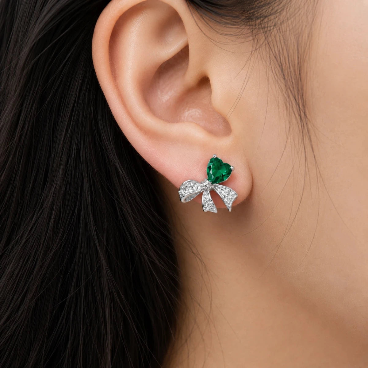 Emerald Bow Charm Studs - Silvorn India