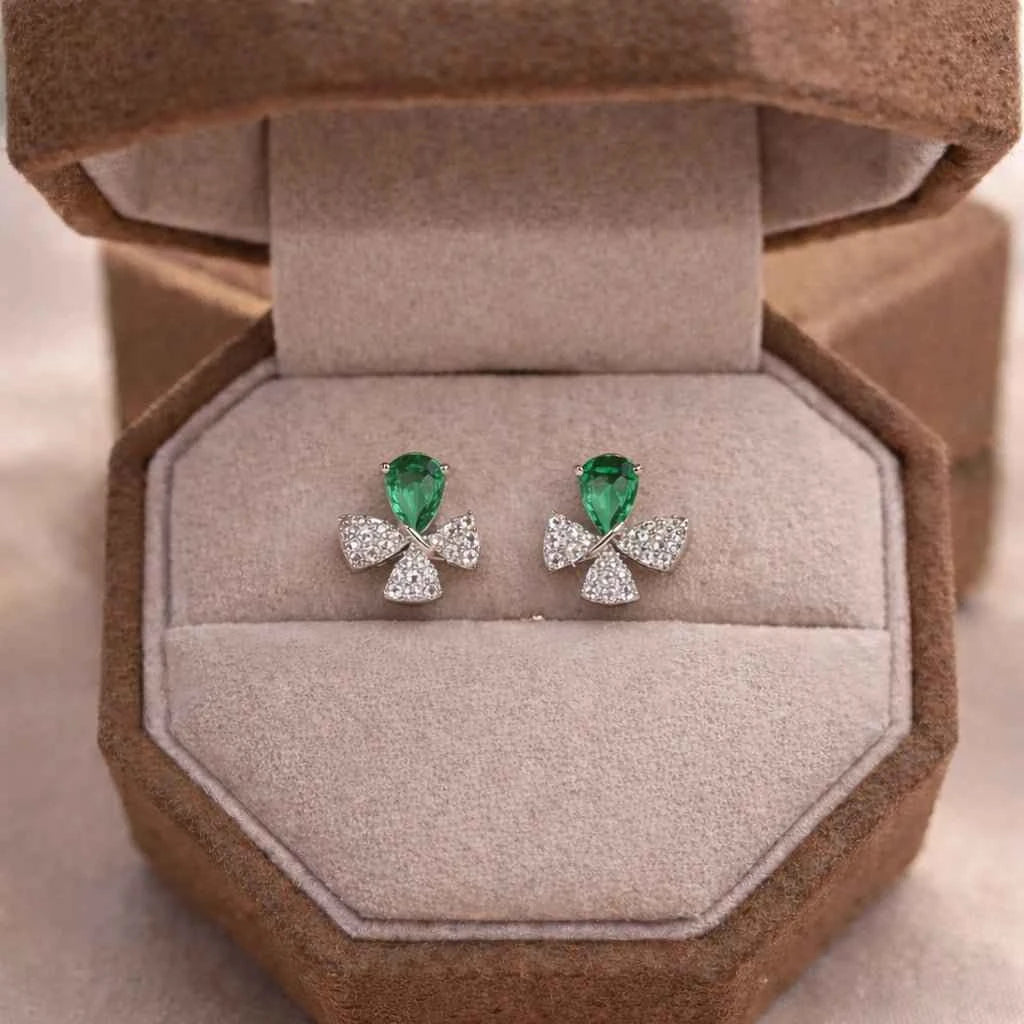 Emerald Bow Sparkle Stud Earrings