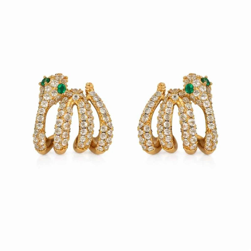 Triple-row C-hoop earrings with pavé sparkle and green stud accents, dangling pair
