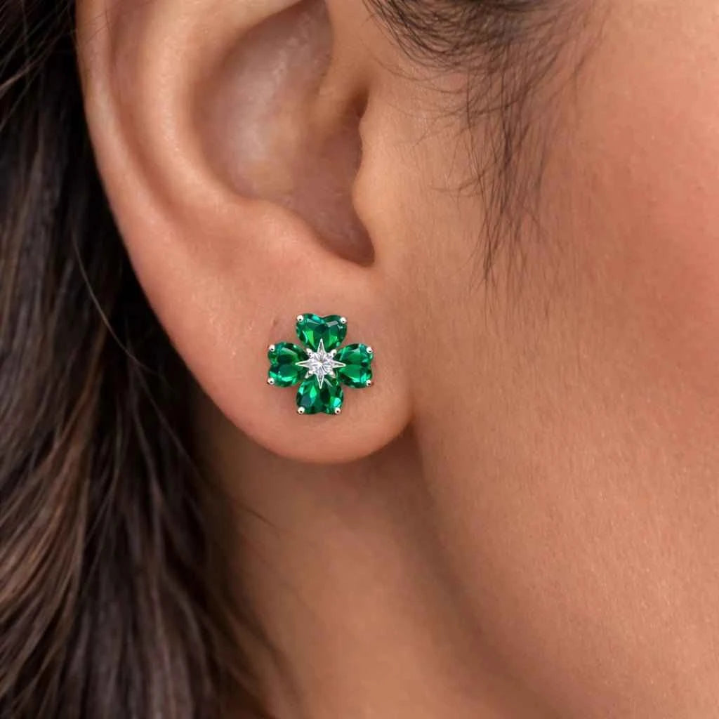 Emerald Green Heart-Cut Clover Studs