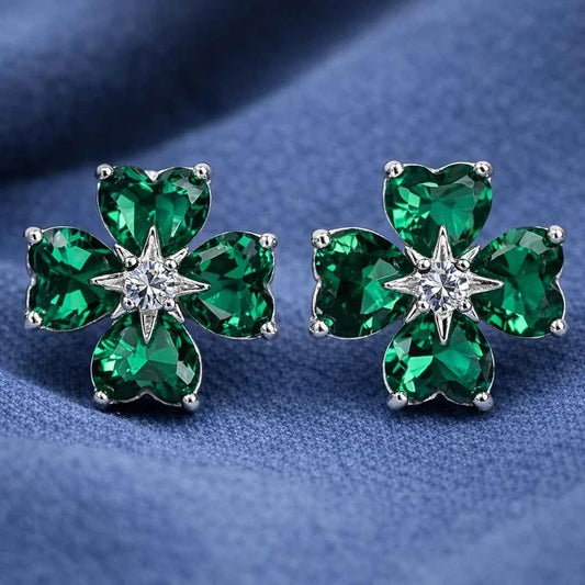 Emerald Green Heart-Cut Clover Studs - 925 Silver Jewelery