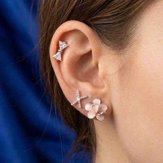 Enamel Bloom & Trillion Bow Earring Set - 925 Silver Jewelery