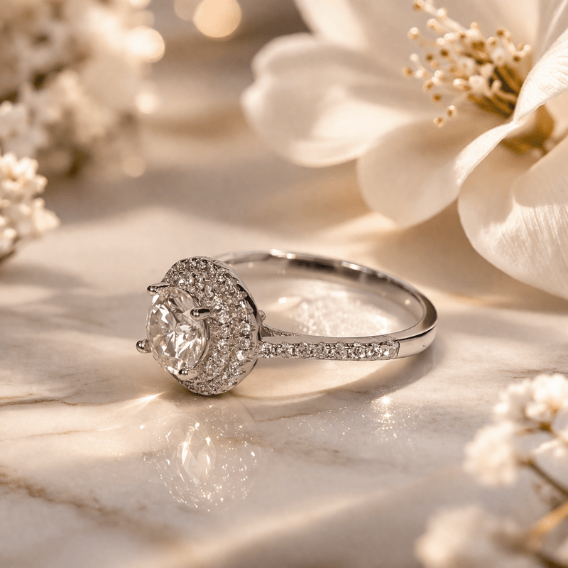 Silver halo solitaire ring with round center stone framed by shimmering halo