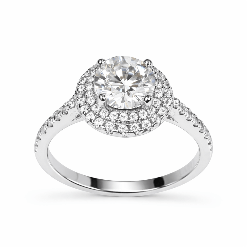 Silver halo solitaire ring with round center gemstone and side pavé details