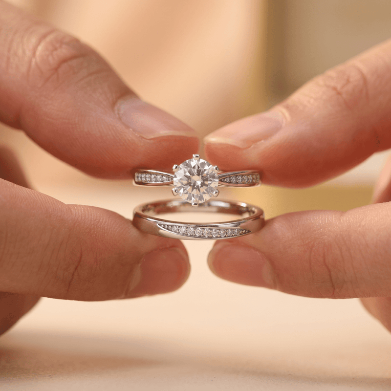 Silver ring with round center stone and two stacked bands with pavé trim