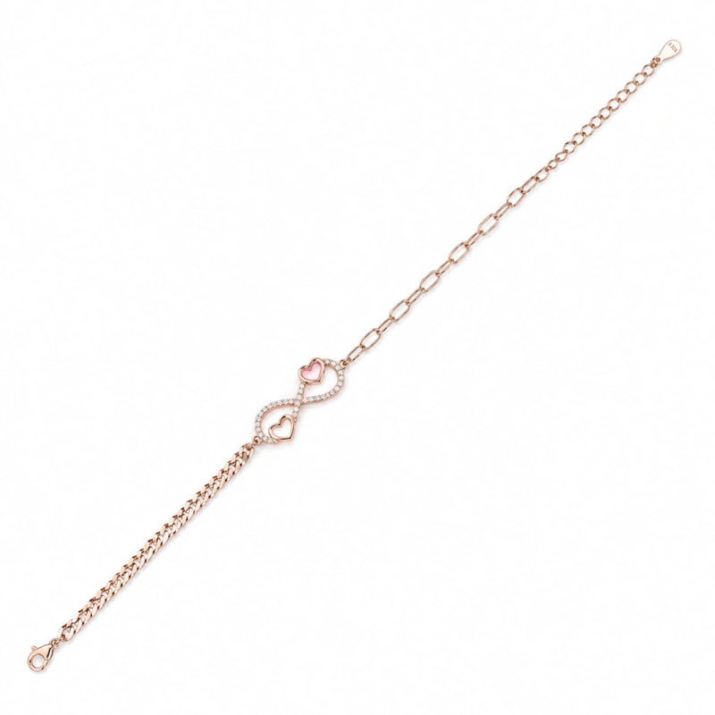 Rose gold plated bracelet with two heart charms and chain links