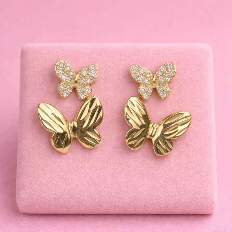 Butterfly stud earrings with gold pavé crystal top wings and striped lower wings