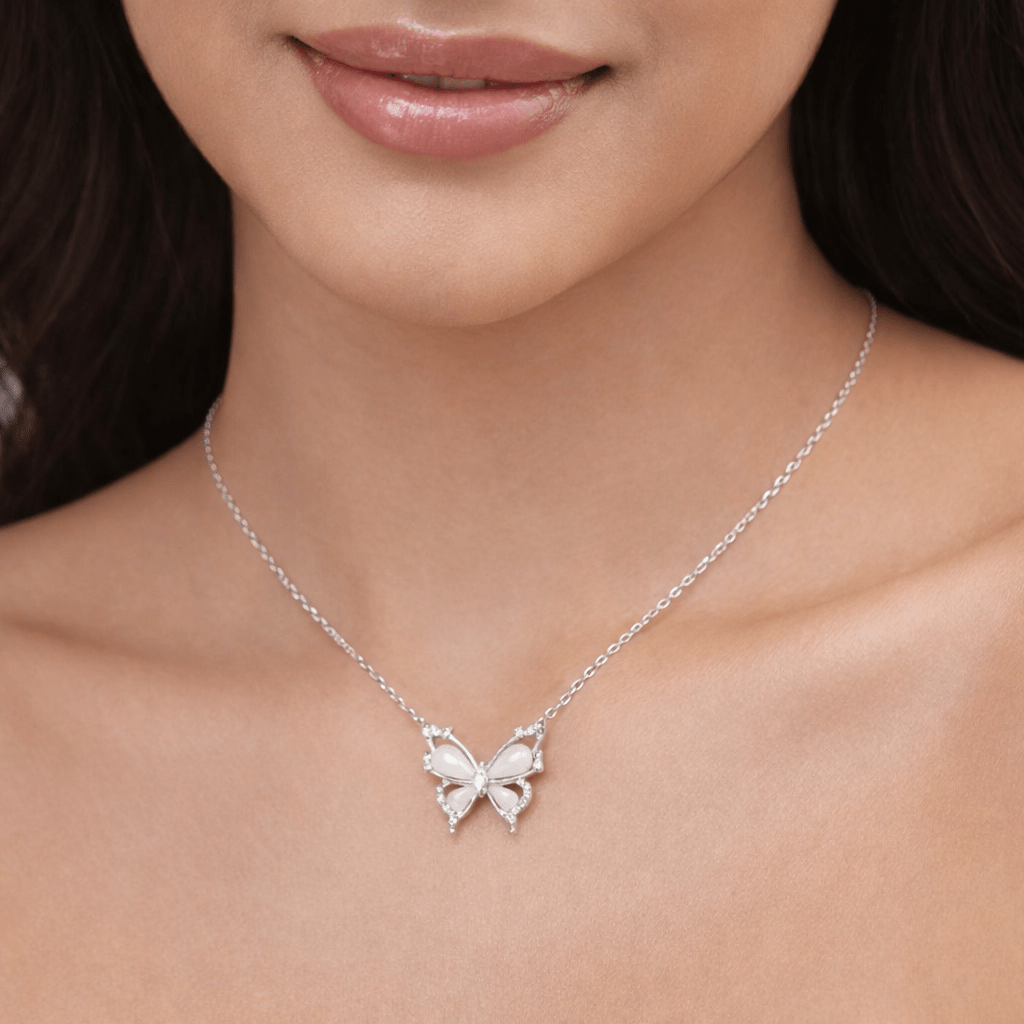Ethereal Butterfly Pendant Necklace with Luminous Inlay & Zirconia Accents - Silvorn India