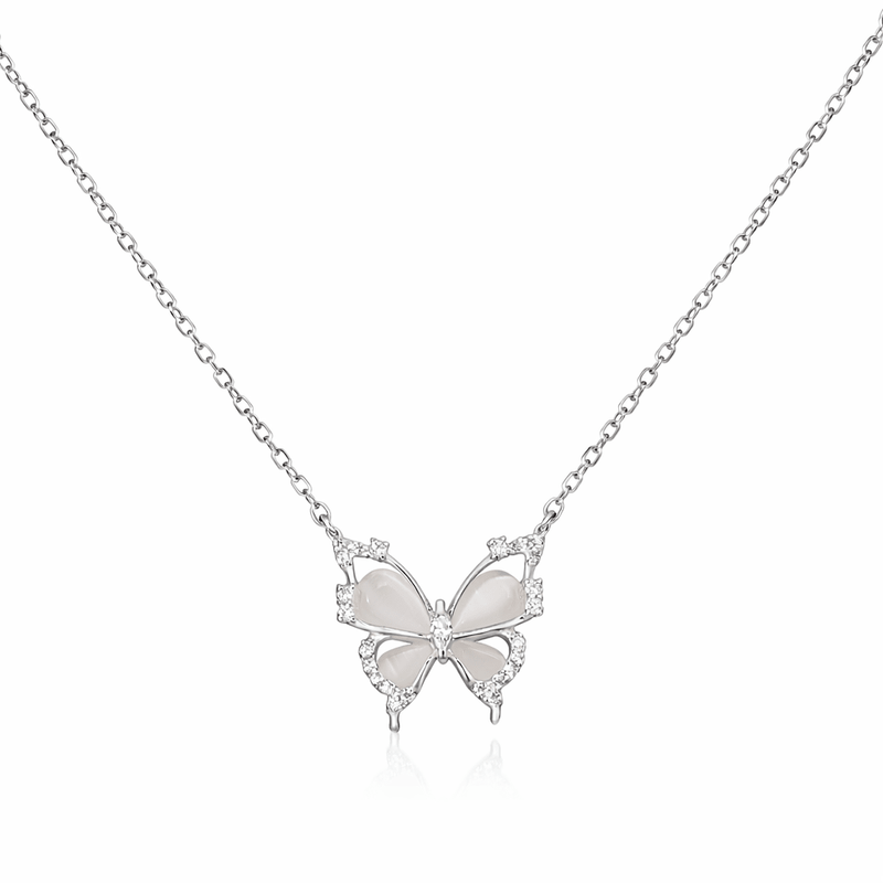 Silver butterfly pendant necklace with zirconia stones and luminous inlay