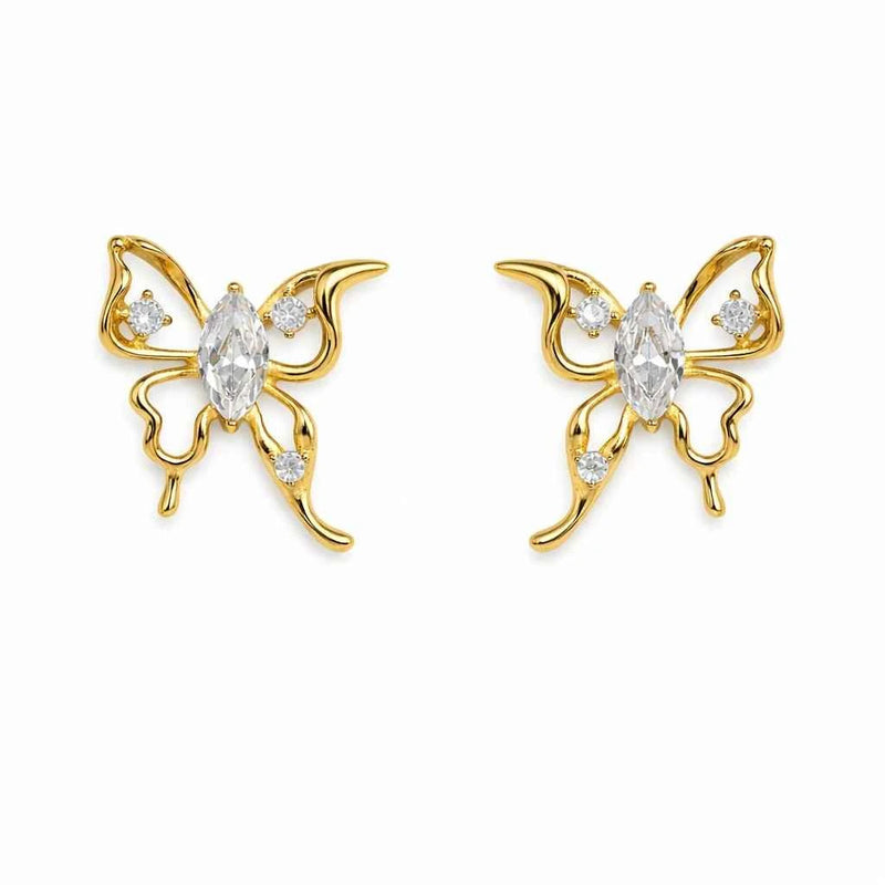 Butterfly stud earrings with marquise-style clear stones, gold-tone, isolated pair