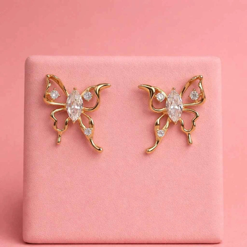 Butterfly stud earrings with marquise-style clear stones, gold-tone, shown as a pair