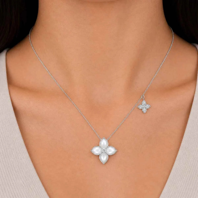 925 silver pearl floral charm necklace with four-petal pendant and small clover charm