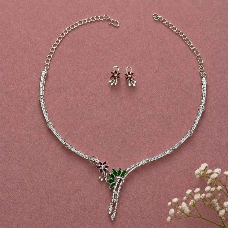 925 silver floral necklace with red and green enamel pendant and stud earrings