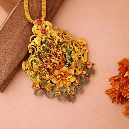 Floral Peacock-Inspired Gold-Plated Pendant