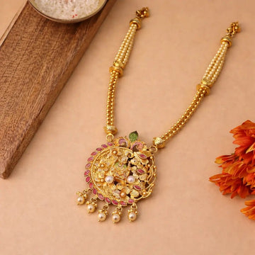 Floral Peacock Motif Gold - Plated Pendant Necklace - Silvorn India