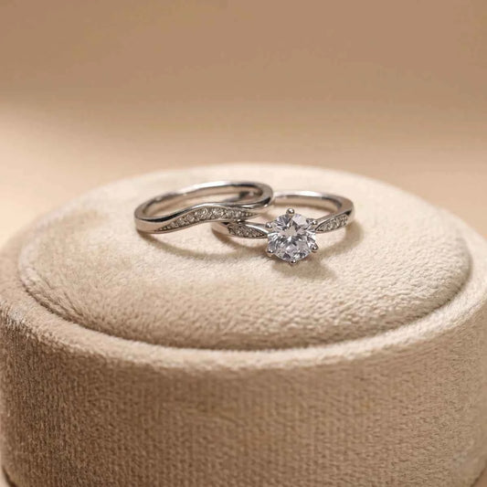 Flowing Curve Silver Ring Set with Round Solitaire Accent - 925 Silver Jewelery