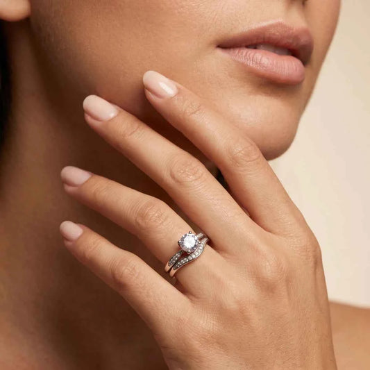 Flowing Curve Silver Ring Set with Round Solitaire Accent - 925 Silver Jewelery