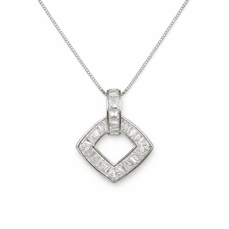 Open diamond pendant with baguette-cut bezel stones, 925 silver chain