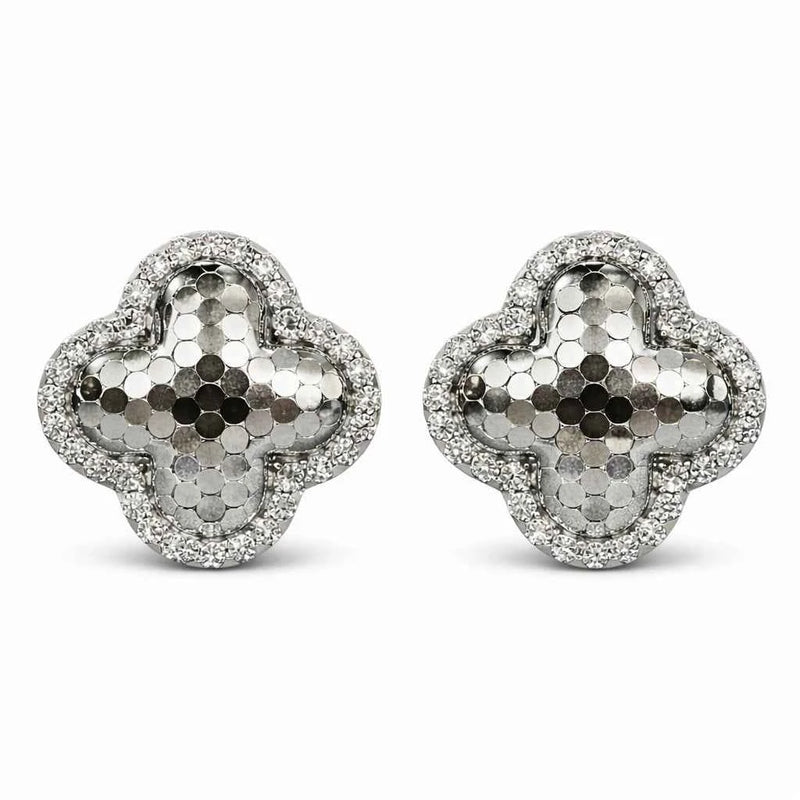 Silver quatrefoil stud earrings with mosaic dot inlay and halo of pavé stones
