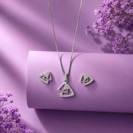 Geometric    Pendant & Stud Earrings Set with Zircon Stones for Women - 925 Silver Jewelery