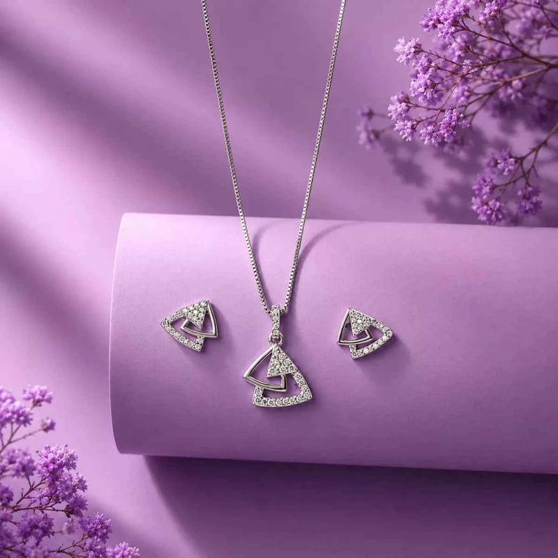 925 silver geometric pendant and stud set with zircon, triangular clustered stones