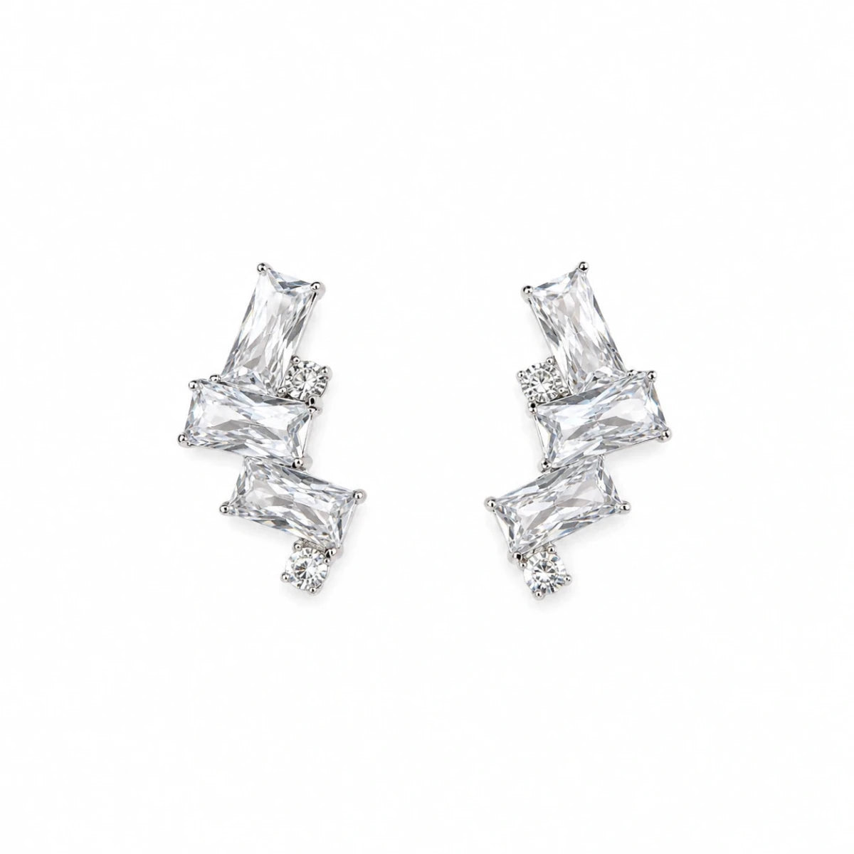 Geometric triple zirconia stud earrings in 925 silver with stacked baguette stones