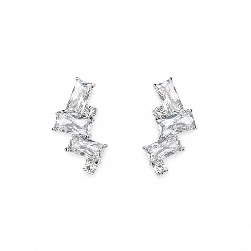 Geometric triple zirconia stud earrings in 925 silver with stacked baguette stones