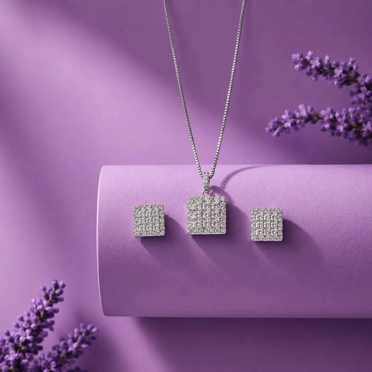 Geometric Zircon Necklace & Stud Earrings - Silvorn India