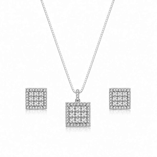 Geometric Zircon Necklace & Stud Earrings - 925 Silver Jewelery