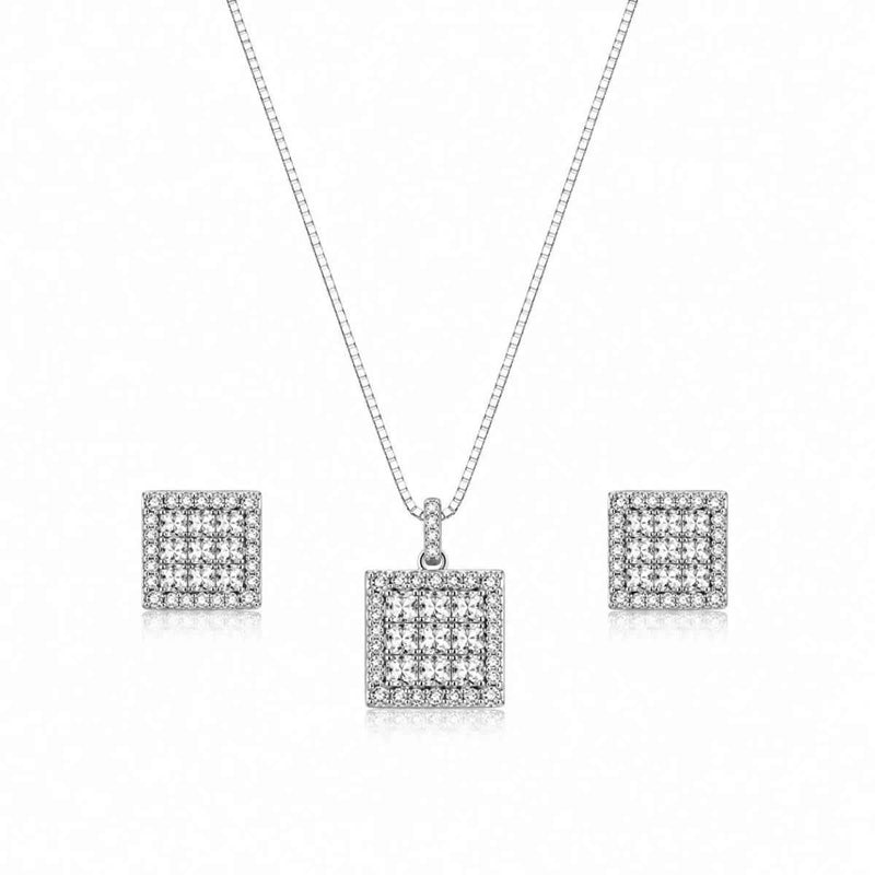 Geometric zircon necklace and square stud earrings set, silver-tone chain and pendant