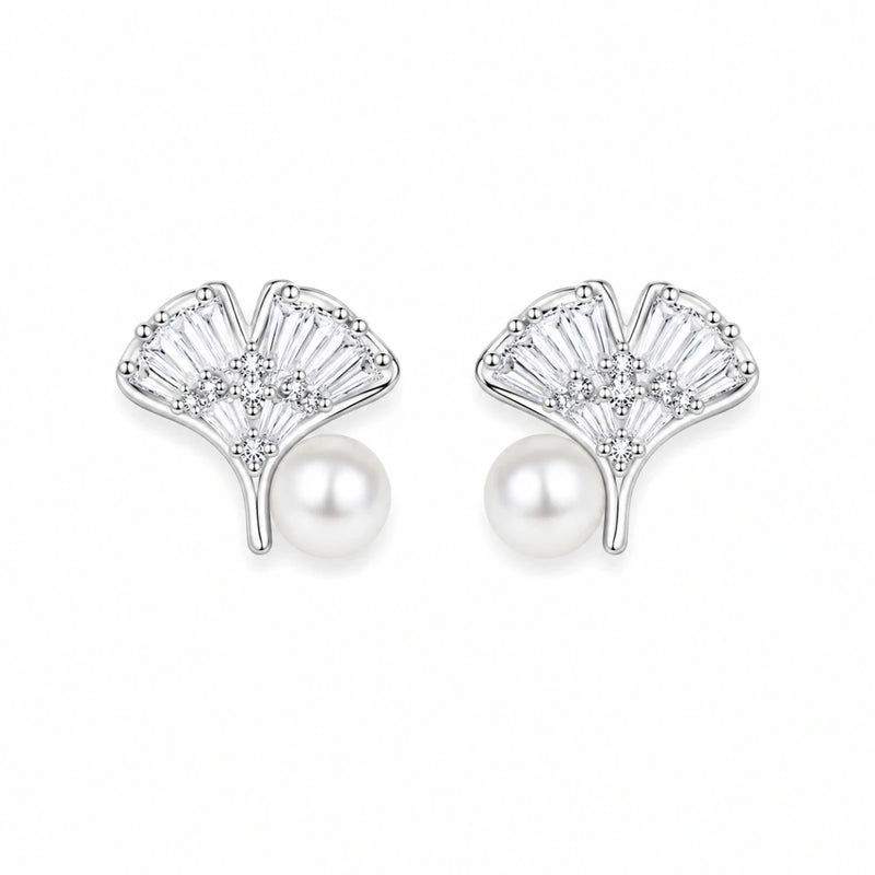 Silver pearl and zirconia fan stud earrings, two-piece side-by-side view