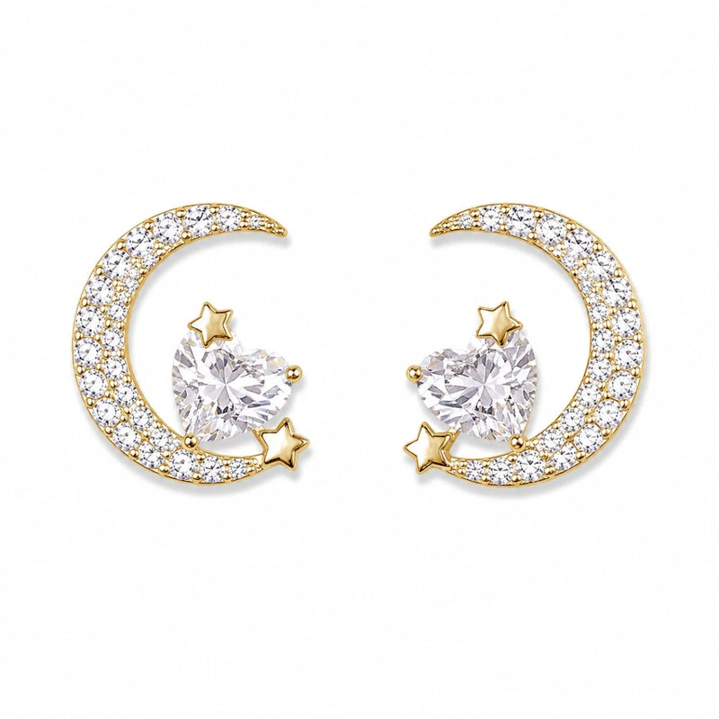 Crescent moon and star crystal stud earrings, two-pack view, gold-tone with clear stones