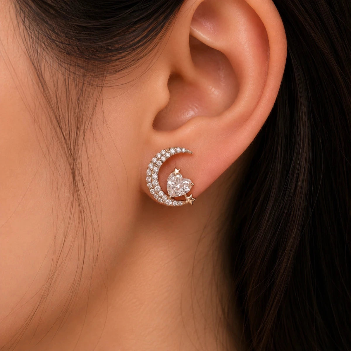 Gold Crescent Moon and Star Crystal Studs - Silvorn India