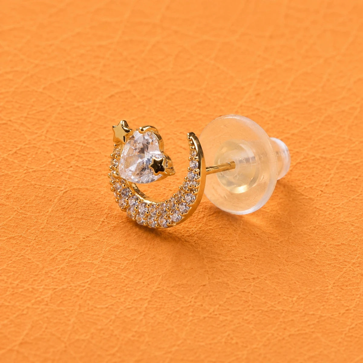 Gold Crescent Moon and Star Crystal Studs - Silvorn India