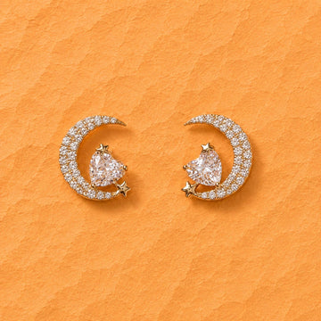 Gold Crescent Moon and Star Crystal Studs - Silvorn India