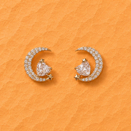 Gold Crescent Moon and Star Crystal Studs - 925 Silver Jewelery