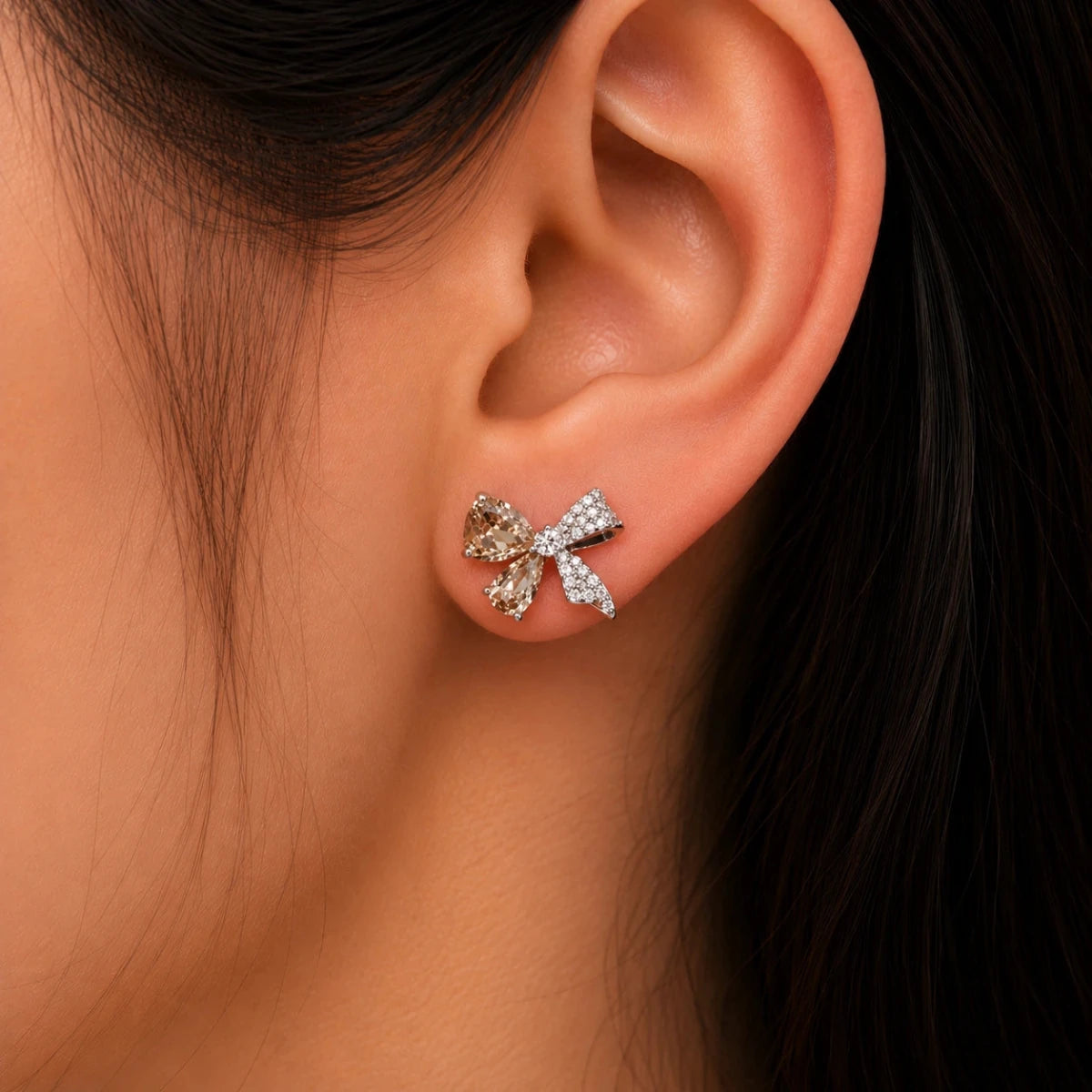 Gold Crystal Bow Studs | 925 Sterling Silver - Silvorn India