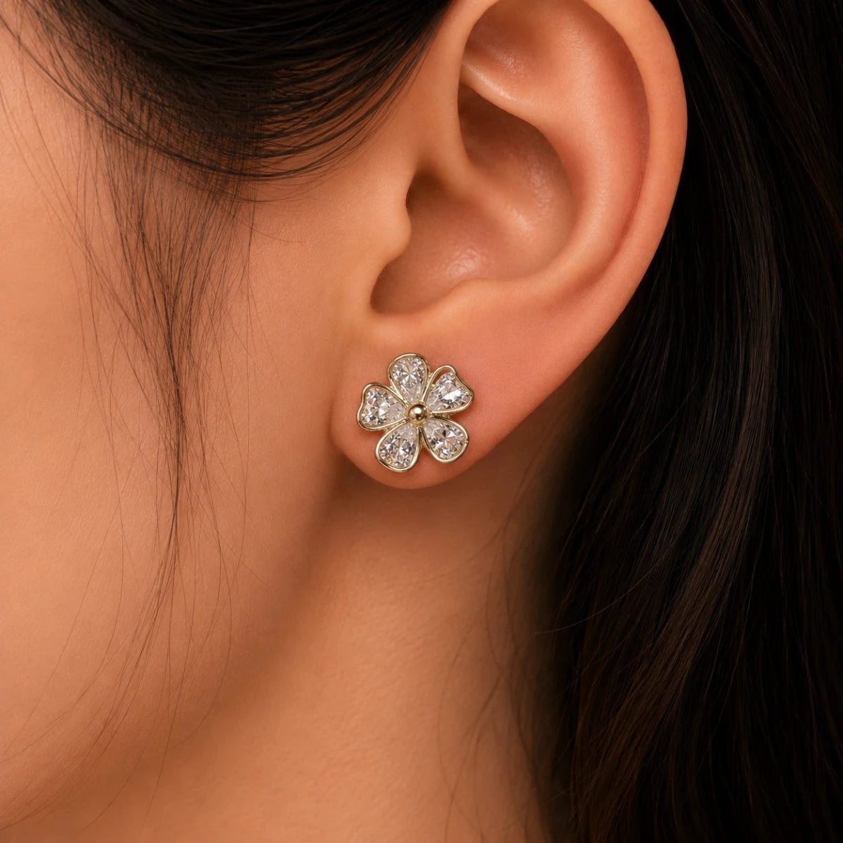 Gold Crystal Flower Studs | 925 Sterling Silver - Silvorn India