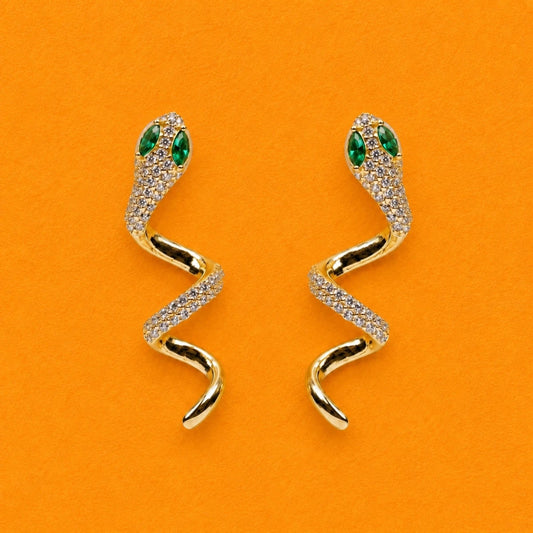 Gold Crystal Snake Drop Earrings - 925 Silver Jewelery