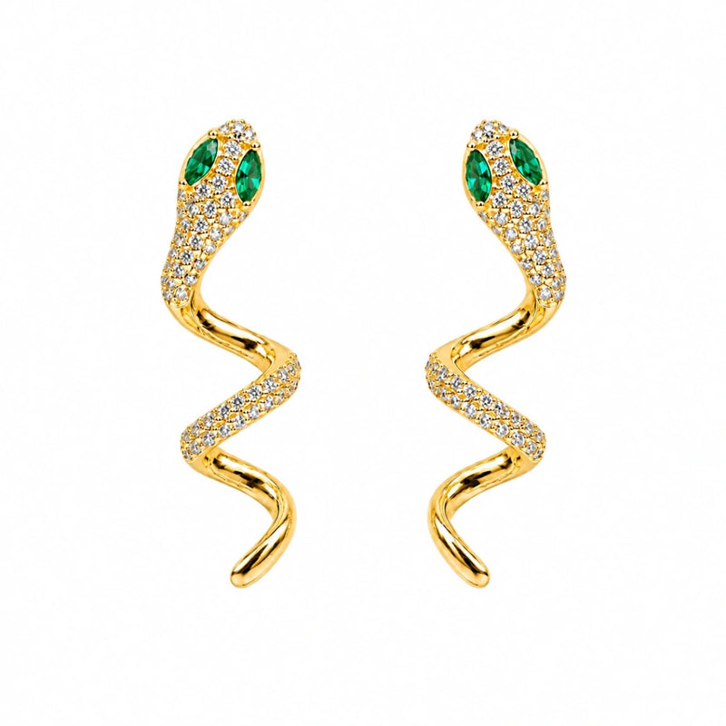 Gold-tone snake crystal drop earrings with green oval stones and clear pavé detail