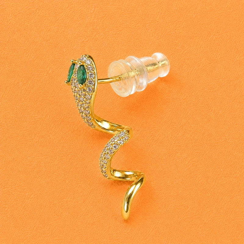 Gold-tone snake crystal drop earring with green stones and clear pavé; stud backing visible