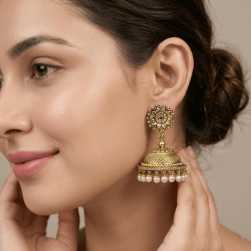 Gold - Plated Floral Jhumka Earrings with Pearl Drops - Silvorn India