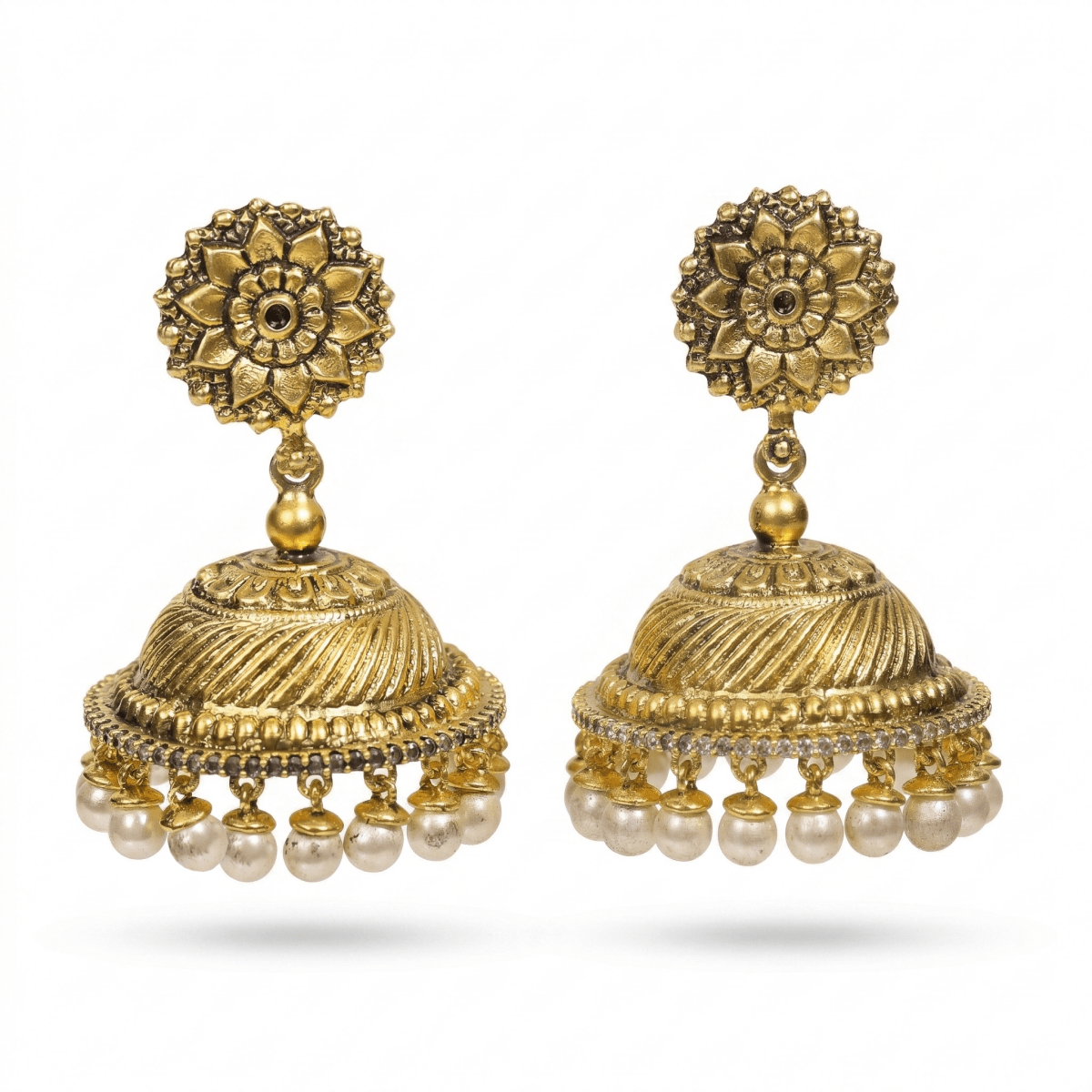Gold - Plated Floral Jhumka Earrings with Pearl Drops - Silvorn India