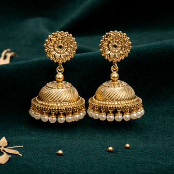 Gold - Plated Floral Jhumka Earrings with Pearl Drops - Silvorn India