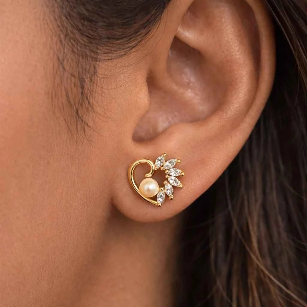 Gold-Plated Pearl & Marquise Zirconia Heart Studs – Elegant Floral Heart Design Earrings